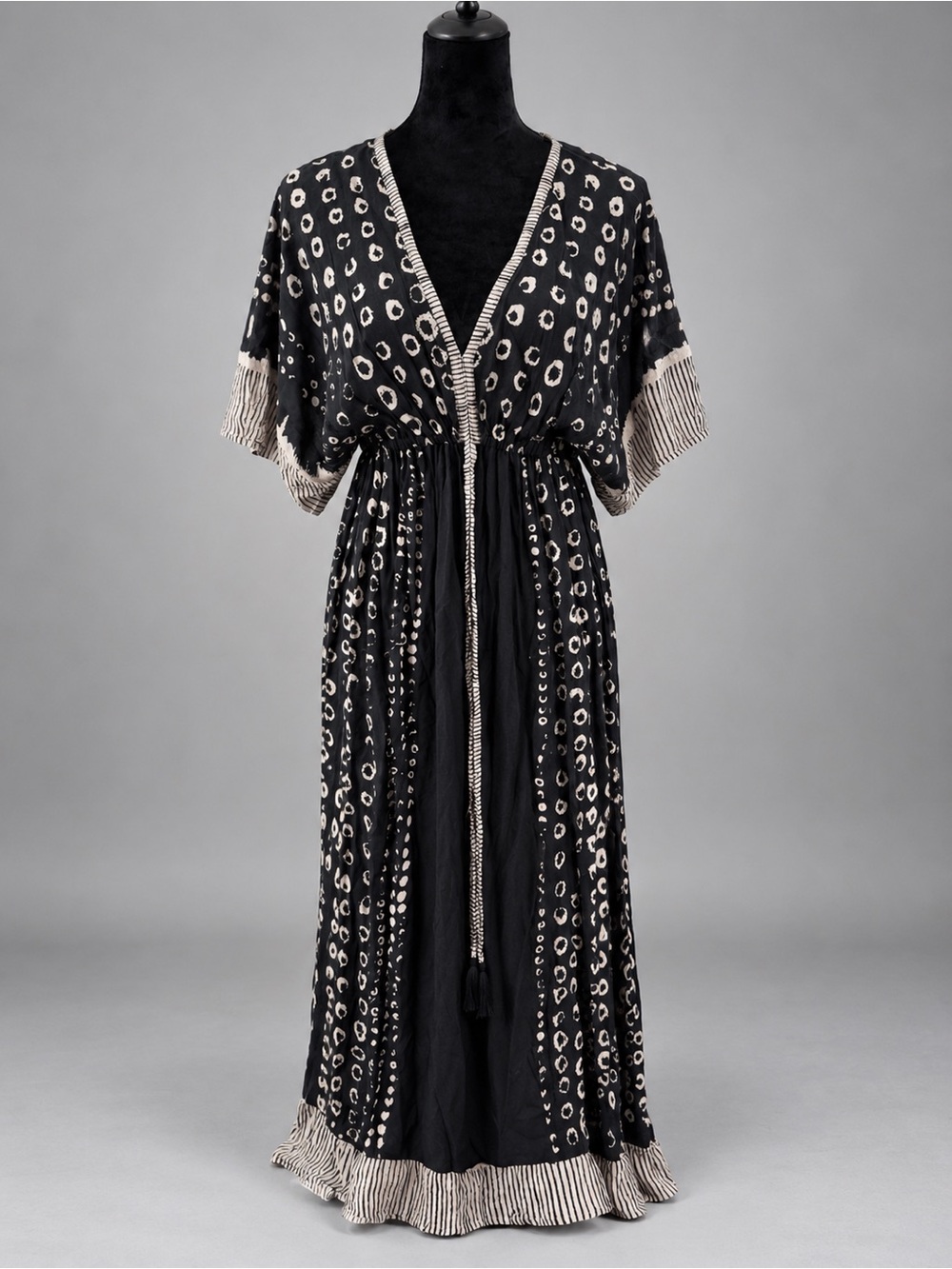 NWT World Market Black White Boho Maxi Dress S/M Rayon Kimono Tassel